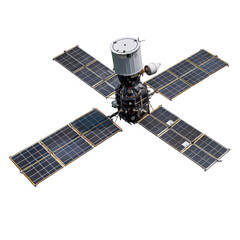 Angled view of a GPS satellite isolated on a white transparent background.