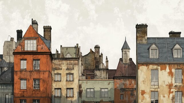 A row of old, weathered buildings with windows and chimneys against a cloudy sky.
