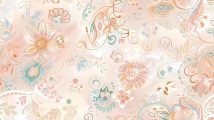 Floral paisley design with soft pastel colors and fine lines.