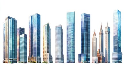 Fototapeta premium A row of tall modern skyscrapers against a white background.