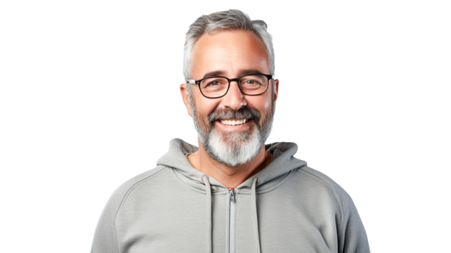 Happy smiling middle aged adult man wearing glasses on transparent background.