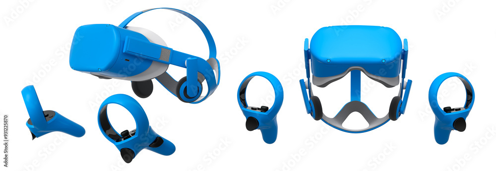 Poster virtual reality glasses and headset with controllers isolated on white background with clipping path