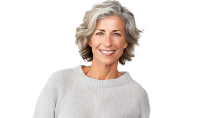 Beautiful middle age woman conveying happiness and health on transparent background. 
