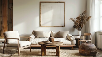 Rustic live edge table and chairs near beige sofa Scandinavian interior design of modern living room with big art poster