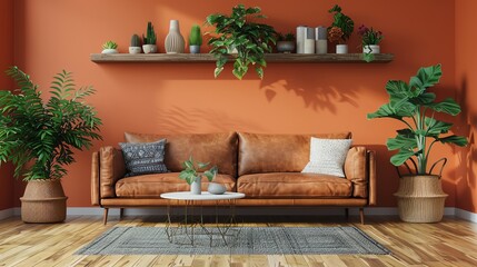 Scandinavian interior design of modern living room home with shelf in peach wall