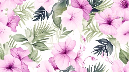 Elegant watercolor tropical design with a focus on pink and white blooms, accented by deep purple flowers and surrounded by vintage green foliage