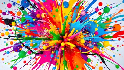 Colorful abstract paint splatter with various bright colors including red, orange, yellow, green, blue, and purple