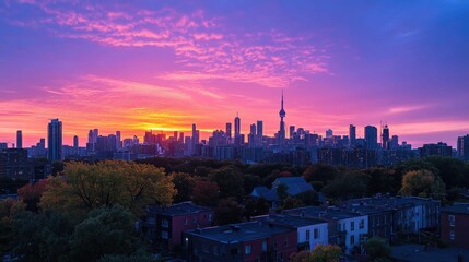Fototapeta premium A stunning cityscape silhouette at sunrise with a vibrant pink and orange sky.