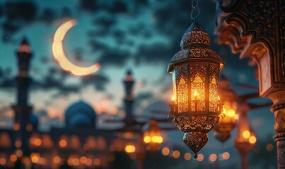 Ramadan advertising background concept, glowing lantern, crescent moon, mosque, copy space