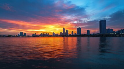 Obraz premium A stunning sunset over a cityscape reflecting on a calm body of water.