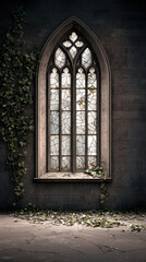 Abandoned church, shattered stained glass, creeping vines, Watercolor style