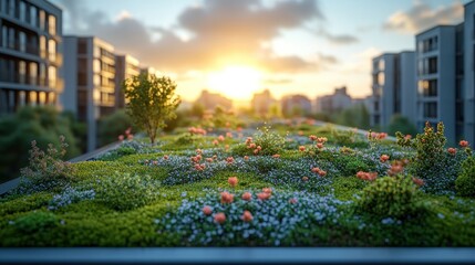 Fototapeta premium Green Roof with Cityscape Sunset