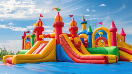 Playful Kids' Outdoor Adventure: Vibrant Bounce House with Slides and Castle Turrets under Blue Sky