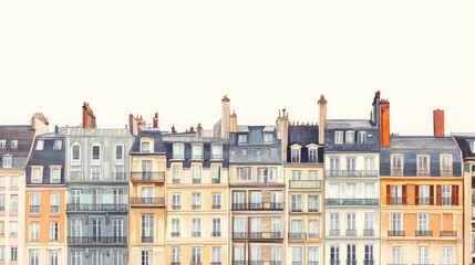 Fototapeta premium A watercolor illustration of a row of Parisian buildings, featuring multiple windows, balconies, and chimneys.