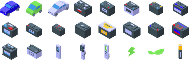 Electricity car accumulator icons set. Car battery accumulator power charging icons set, isometric style