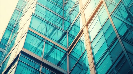 Abstract architectural background of a modern building with blue glass windows and metal frames.