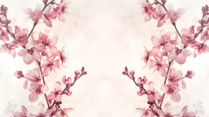 Fototapeta premium A soft and elegant watercolor design with symmetrical cherry blossoms in pastel pinks, delicately mirrored on either side of a light, airy background. 8k UHD, suitable for high-quality printing 