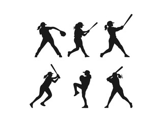 women baseball player silhouette. set of female softball player silhouettes. good use for symbols, logos, icons, mascots, webs, signs, or any design you want.
