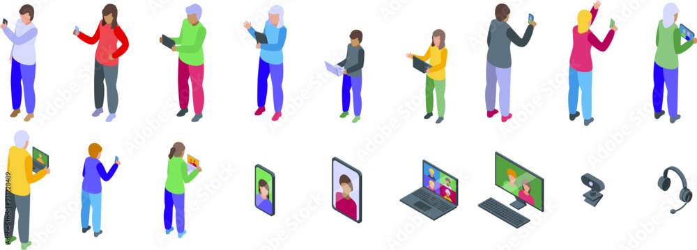 Poster communicates remotely family icons set. people of different ages and occupations are using smartphon