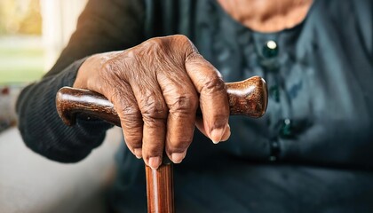 Elderly Person's Hand Holding Walking Stick 