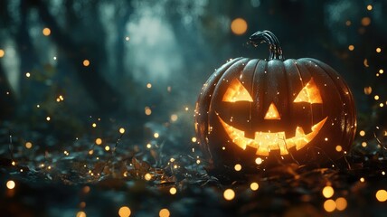 A glowing Jack-o-lantern amidst twinkling lights, evoking a spooky, mystical ambiance.