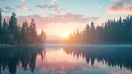 Fototapeta premium A tranquil forest lake reflecting the golden hues of a stunning sunset.