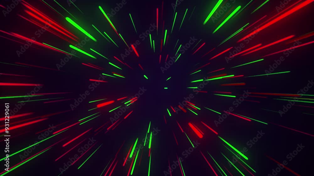 Poster abstract red and green light streaks on black background with seamless loop zoom motion.