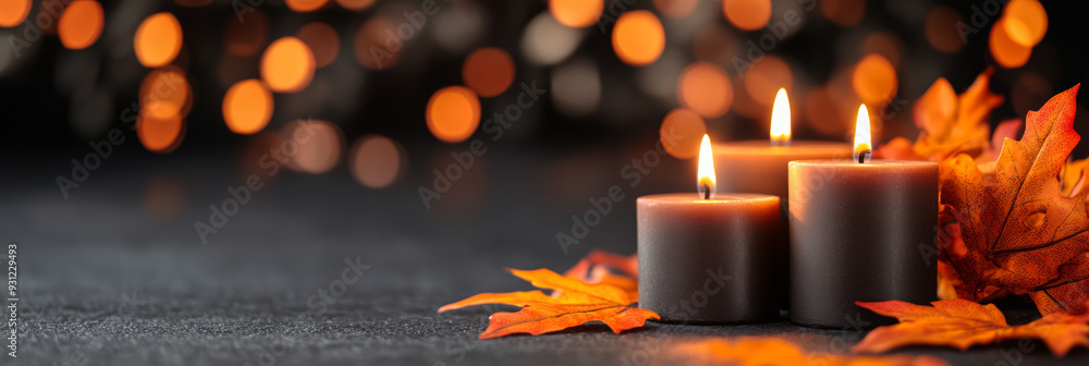 Poster Cozy Thanksgiving dark background with deep brown and burnt orange tones with hints of falling leaves and soft candlelight warm autumn feeling 