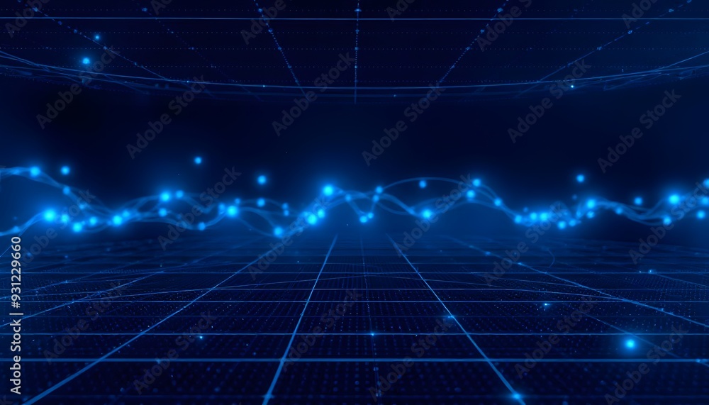 Poster a futuristic landscape with a grid of glowing blue lines and lights, creating a sense of depth and p