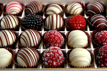 Obraz premium A tray of assorted chocolate and raspberry treats. The chocolate is covered in white and black stripes. The raspberries are in a separate tray