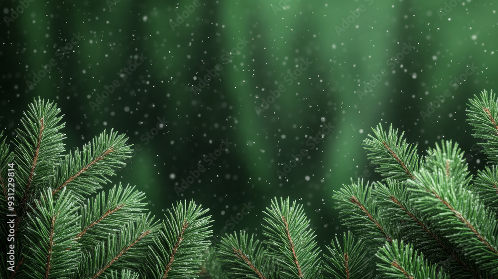 Poster dark forest green background with soft pine needle texture accented by a light dusting of snow chris