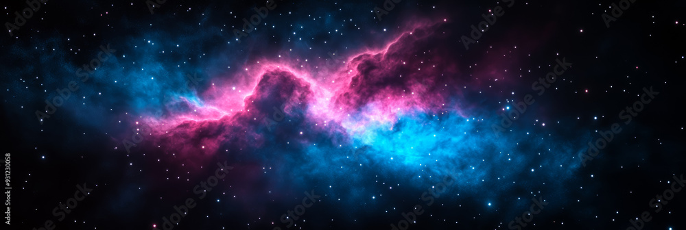 Poster dark outer space with a brilliant cyan and magenta nebula streaking across while tiny glowing stars 
