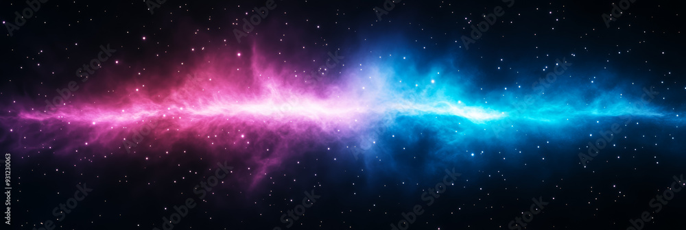 Poster dark outer space with a brilliant cyan and magenta nebula streaking across while tiny glowing stars 