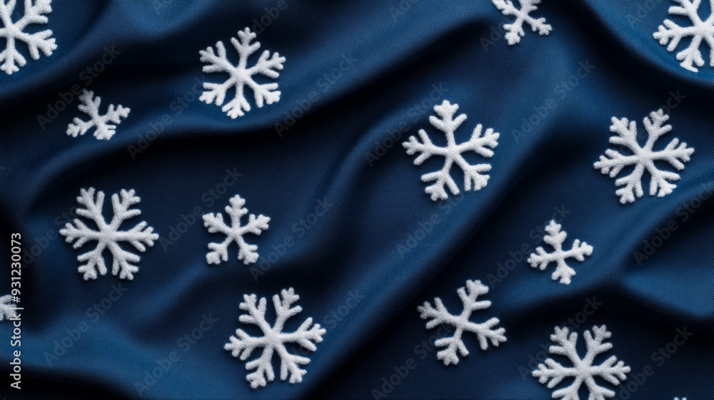 Poster dark midnight blue fabric background with faint glowing snowflake patterns scattered in an elegant w