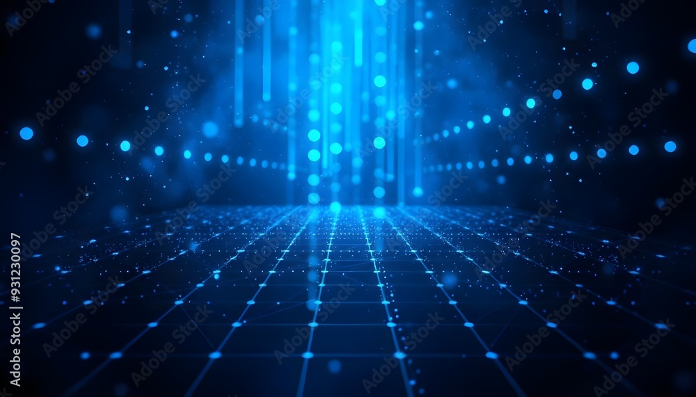 Poster a futuristic digital data with a glowing blue sphere and a network of interconnected lines and point