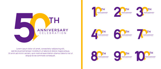 anniversary logo style set with purple and yellow color can be use for celebration moment