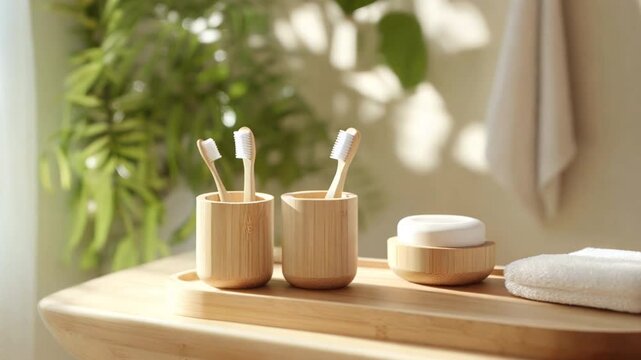 Design a product showcase featuring bamboo bathroom essentials