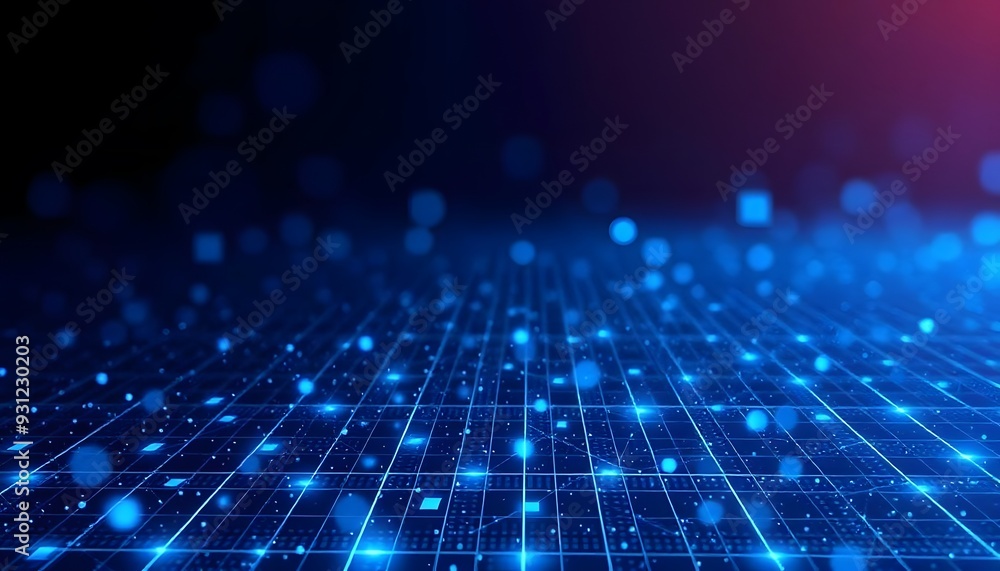 Poster a futuristic digital data with a glowing blue sphere and a network of interconnected lines and point