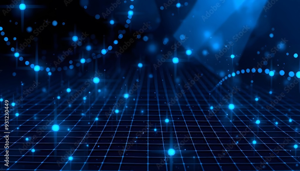 Poster a futuristic digital data with a glowing blue sphere and a network of interconnected lines and point