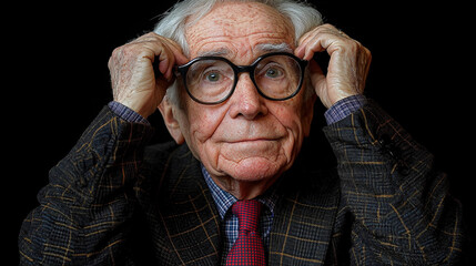 An elderly man wearing glasses holds his head, appearing deep in thought or curiosity, set against a dark background