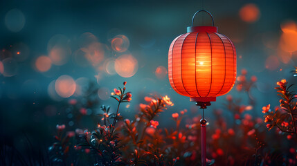 Obraz premium Glowing Paper Lantern in Serene Nighttime Atmosphere of Soft Warm Light in Pastel Color Palette