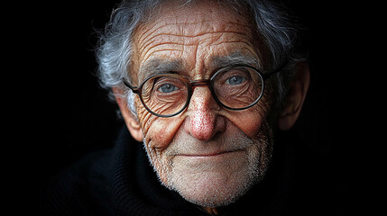 An elderly man with round glasses exudes warmth with a gentle smile while surrounded by a dark background, capturing a sense of serenity and wisdom