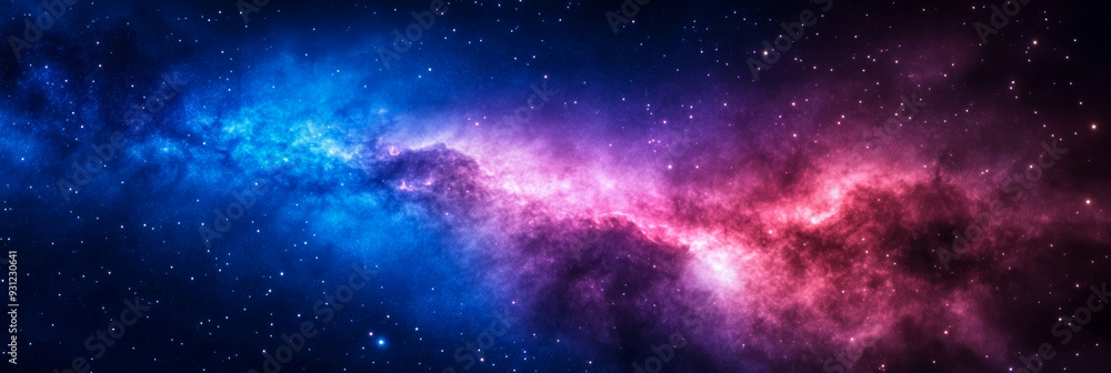 Wall mural deep space background with a dark blue and violet nebula stretching across and glittering stars spre