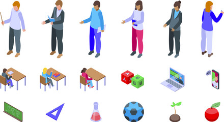 Teachers explain icons set. Teachers giving lesson to students in classroom and remotely with modern equipment isometric 3d icons set for web, mobile, infographics