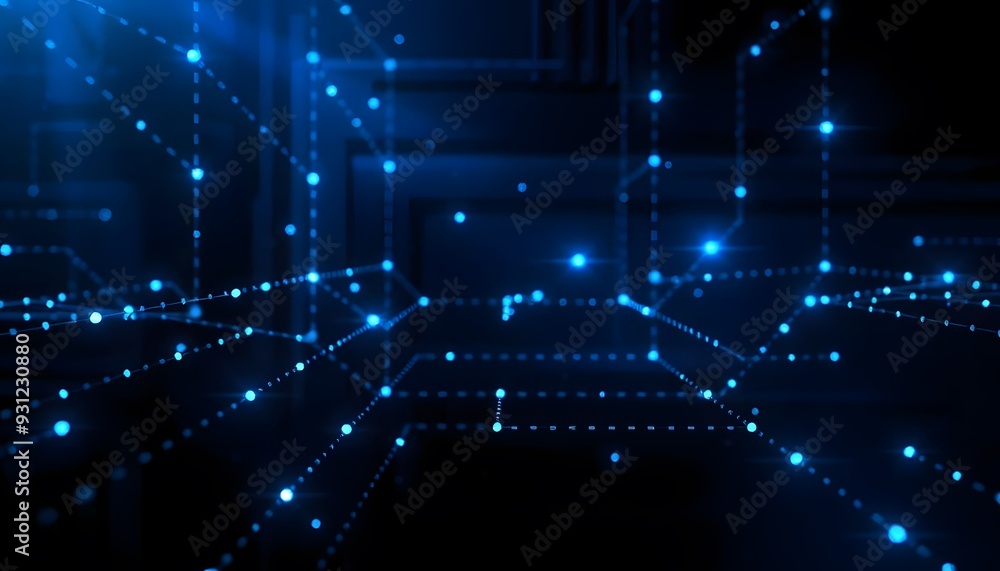 Poster a futuristic digital data with a glowing blue sphere and a network of interconnected lines and point
