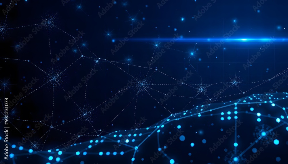 Poster a futuristic digital data with a glowing blue sphere and a network of interconnected lines and point