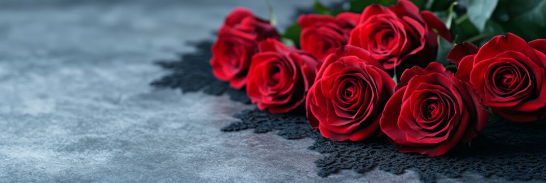 Gothic dark background with deep crimson roses and black lace details capturing a romantic yet eerie vibe for an alternative Valentines Day concept 