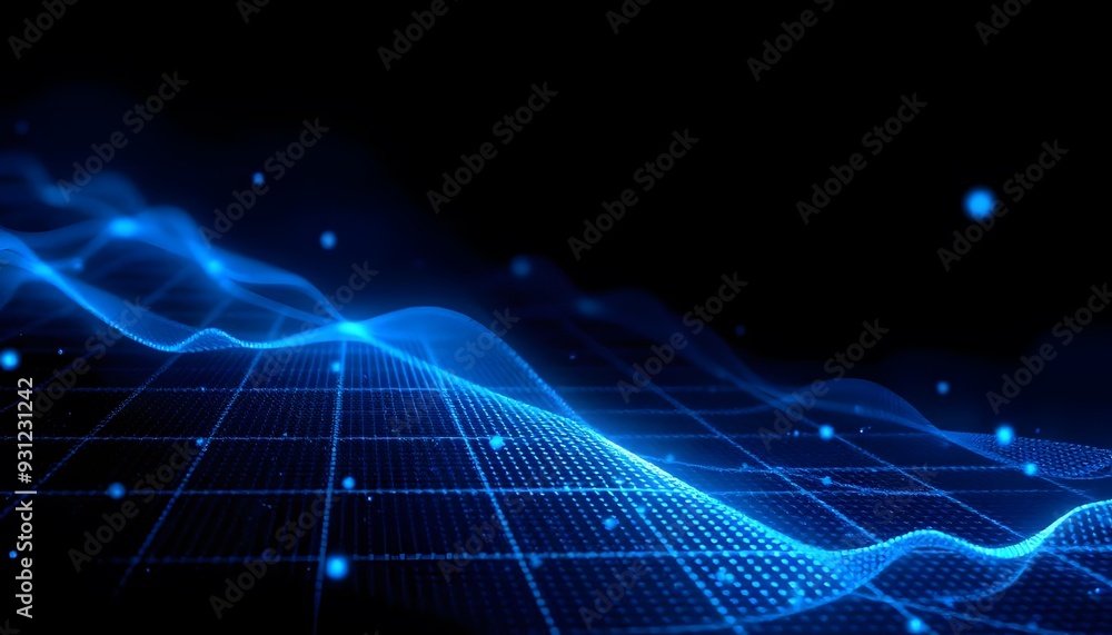 Poster a futuristic digital data with a glowing blue sphere and a network of interconnected lines and point