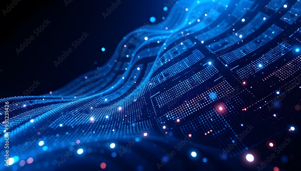 Poster a futuristic digital data with a glowing blue sphere and a network of interconnected lines and point