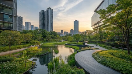 Obraz premium A serene urban park at sunset with lush greenery and a winding path beside a tranquil pond.